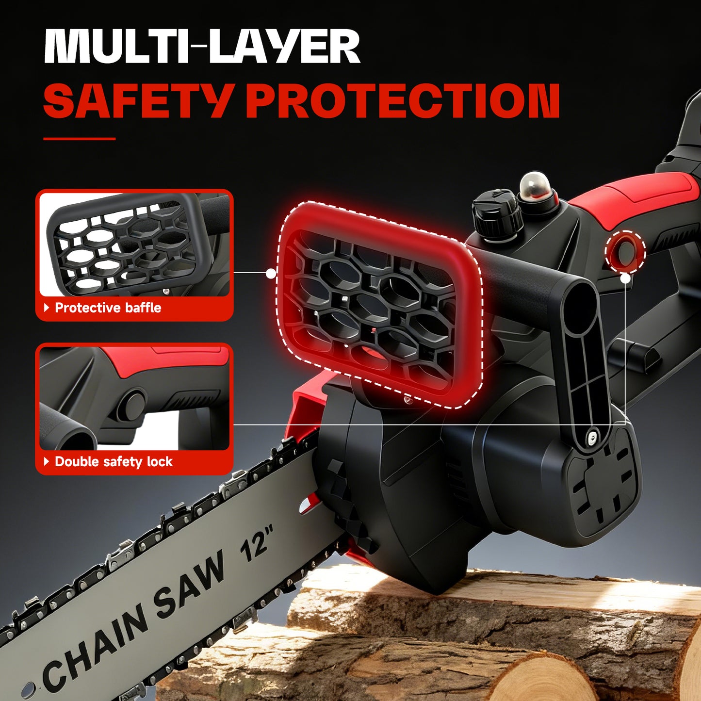 BAOKALER 12" 1800W Cordless Chainsaw, Handheld Electric ChainSaws with 2 x 2.0Ah Batteries & Fast Charger, 3 Chains & 2 Guide Bars, for Wood Cutting, Tree Pruning and Trimming, Red
