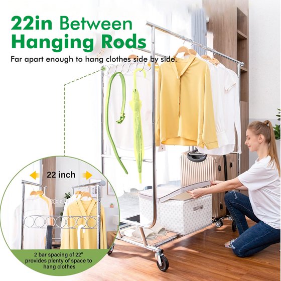 Baokaler 620 lbs Heavy Duty Garment Rack with Shelves Collapsible Clothing Racks on Wheels Rolling Clothes Rack for Hanging Clothes Portable Adjustable, Chrome Finish