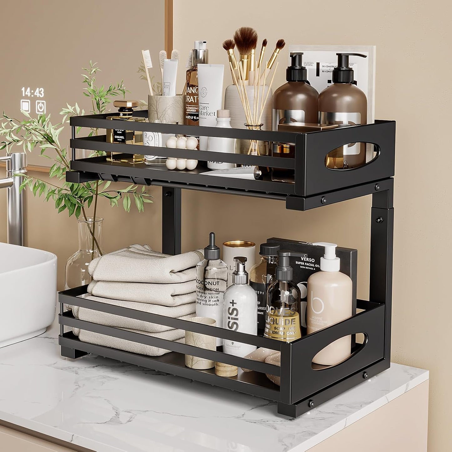 2 PACK Under Sink Organizer, Pull Out Kitchen Cabinet Organizer, 2 Tier Slide Out Steel Under Sink Storage Shelf for Kitchen Pantry Bathroom, Black
