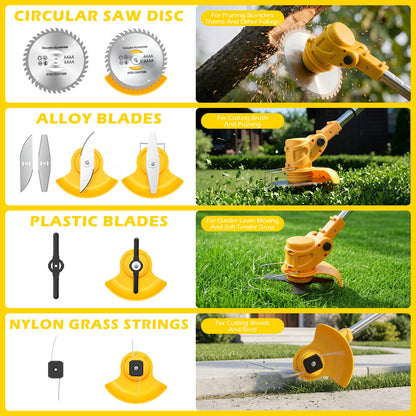 Weed Eaters, Cordless Weed Trimmer with Wheels, 2Pcs 4000mAh Batteries, Adjustable Length, 650W Grass Trimmer/Edger/Brush Cutter for Lawn Yard Garden Maintaining (Yellow)