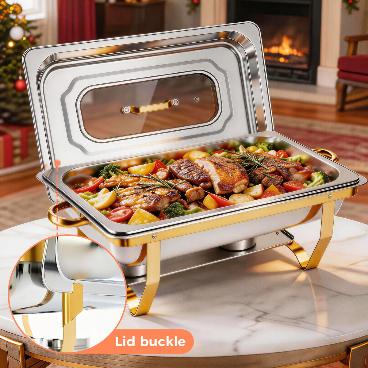 Chafing Dishes for Buffet, 9QT Roll Edge Designed Chafing Dish Buffet Set, Food Warmer W/Half Glass Lid for Parties, Birthday, Holiday Parties, Church Events (Semi-Gold)