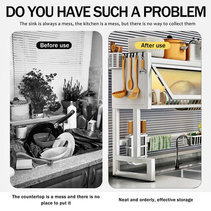 Kitchen Sink Countertop Dustproof Storage Rack, Multifunctional Organizer for Drying Dishes, Glasses, Bowls, and Utensils, White, Length-25.6"