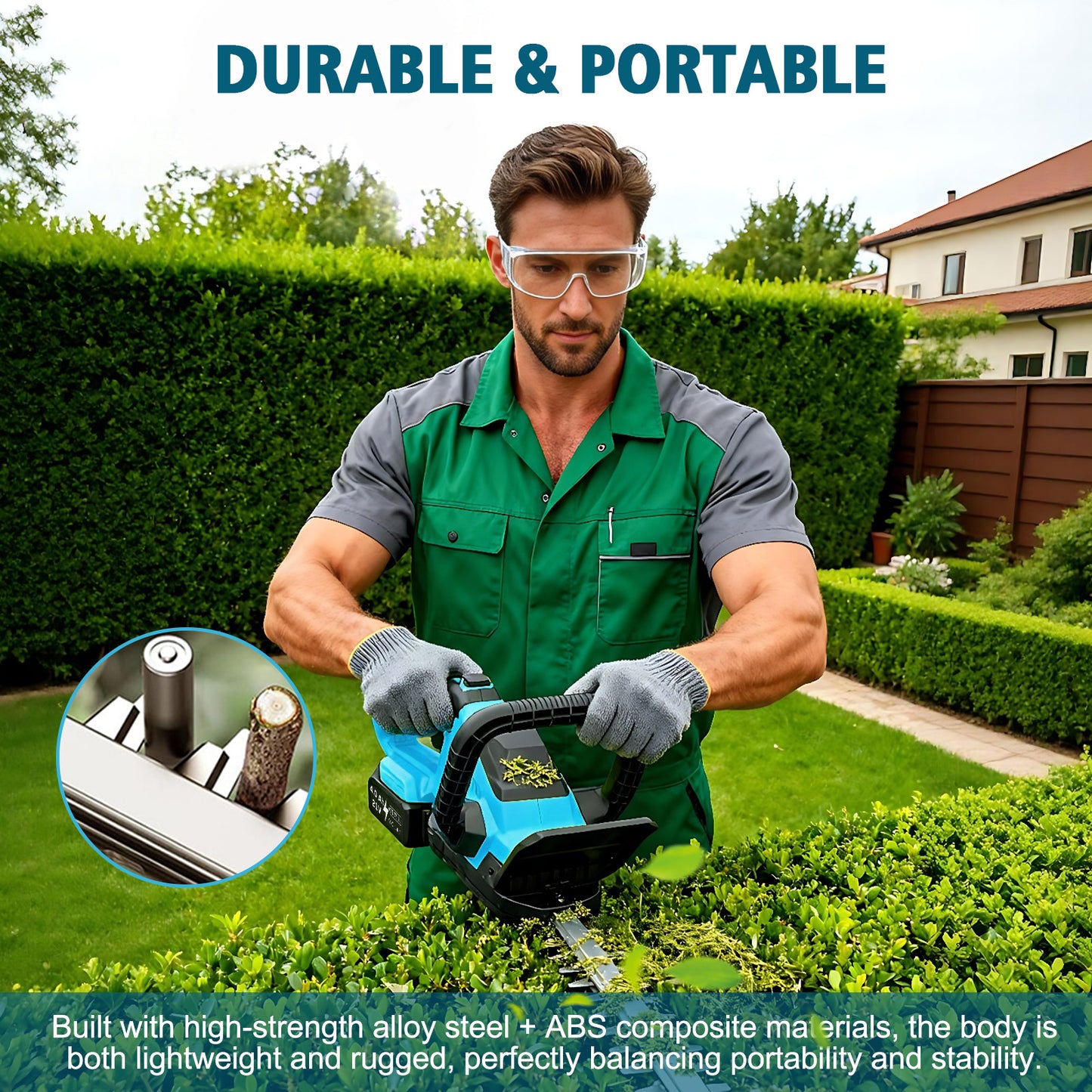 Baokaler 22" Cordless Hedge Trimmer, 21V Dual Action Blade Electric Bush Shrub Trimmer, 4.0Ah Battery & Charger, Blue