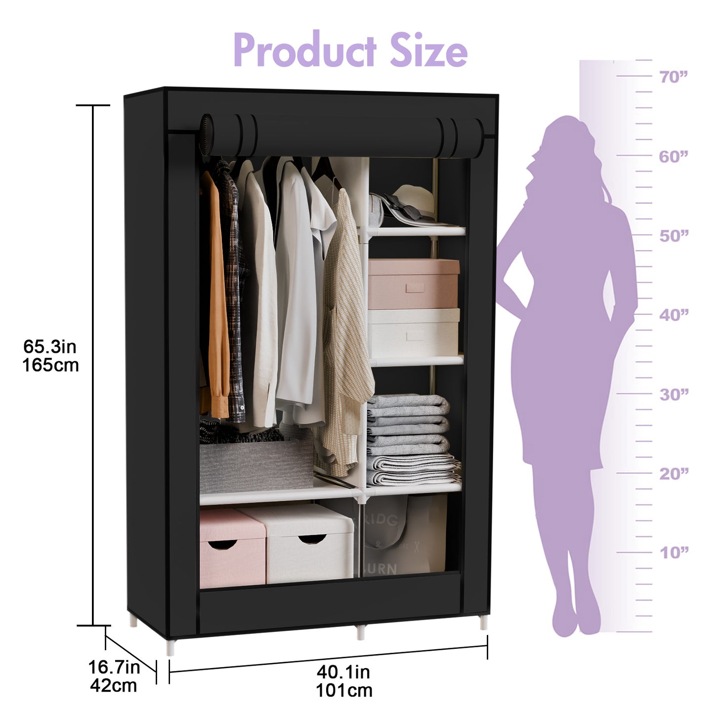 BAOKALER Portable Closet Organizer with 6 Shelves & 1 Hanging Rod, Non-woven Fabric Wardrobe Clothes Storage with 4 Side Pockets for Bedroom, Living Room, Cloakroom, Dorm, Apartment, Black