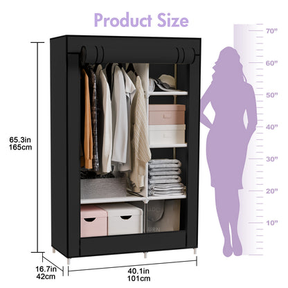 BAOKALER Portable Closet Organizer with 6 Shelves & 1 Hanging Rod, Non-woven Fabric Wardrobe Clothes Storage with 4 Side Pockets for Bedroom, Living Room, Cloakroom, Dorm, Apartment, Black