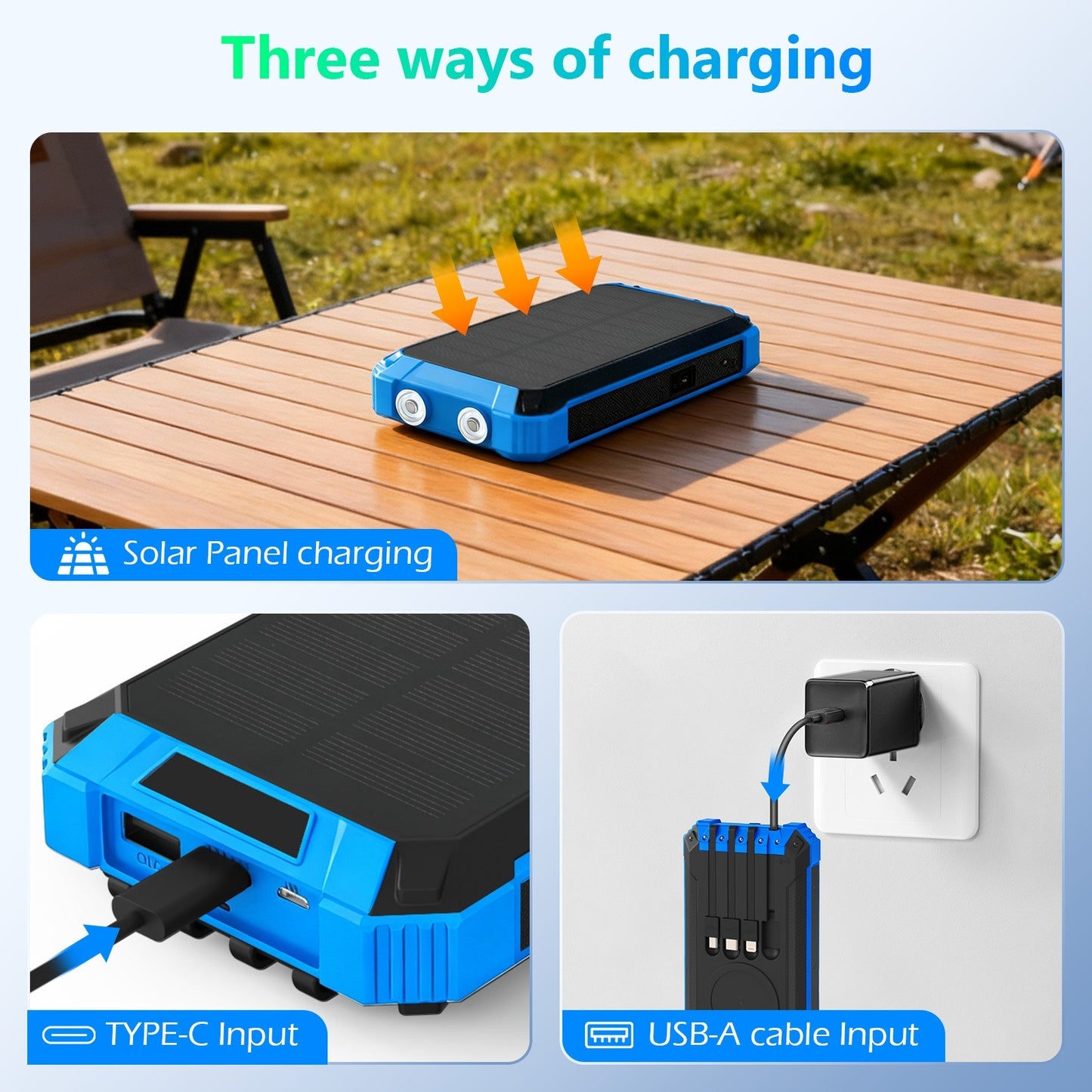2PK Power Bank Wireless Charger 46800mAh Built in 4 Cables Six Outputs 15W Fast Charging Power Bank for All Mobile Devices Three Inputs Solar Portable Charger with Dual Flashlights, Carabiner(Blue)