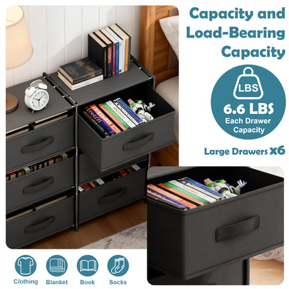 BAOKALER Double Row Non-Woven Fabric Dresser with 6 Drawers, Clothes Drawer Dresser for Bedroom, Hallway, Entryway, Closets, Sturdy Steel Frame, Wood Top, Black