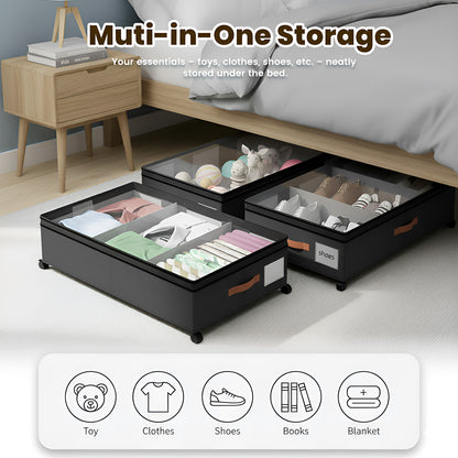 Under Bed Storage with Wheels 2-Pack, 65L XXL Under the Bed Storage Containers Large, 10" Tall Adjustable Storage for Underbed with Lids, Rolling for Shoes, Clothes, Blankets (Black)