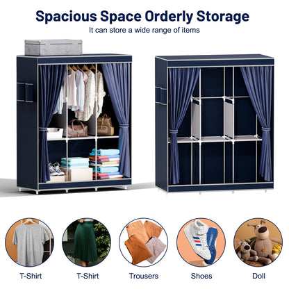 Portable Closet Organizer with Cover, Non-woven Fabric Clothing Rack Shelf, Dustproof Wardrobe Closet Storage, Navy Blue