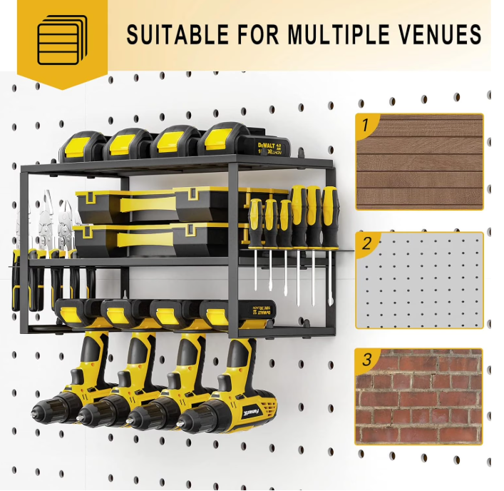 CATGOOD Power Tool Organizer, 3 Layers Storage Rack with 4 Drill Holders, Heavy Duty Metal Floating Tool Shelf Garage Wall Mounted, 180Lbs Load Capacity