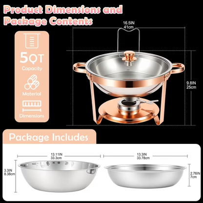 Chafing Dishes Buffet Set, 6 Pack 5.3QT Round Stainless Steel Chafer Set with Stands, Lids & Fuel Holders, Food Warmers for Parties, Catering Events, Weddings (Bright Pink Rose Gold Accents)