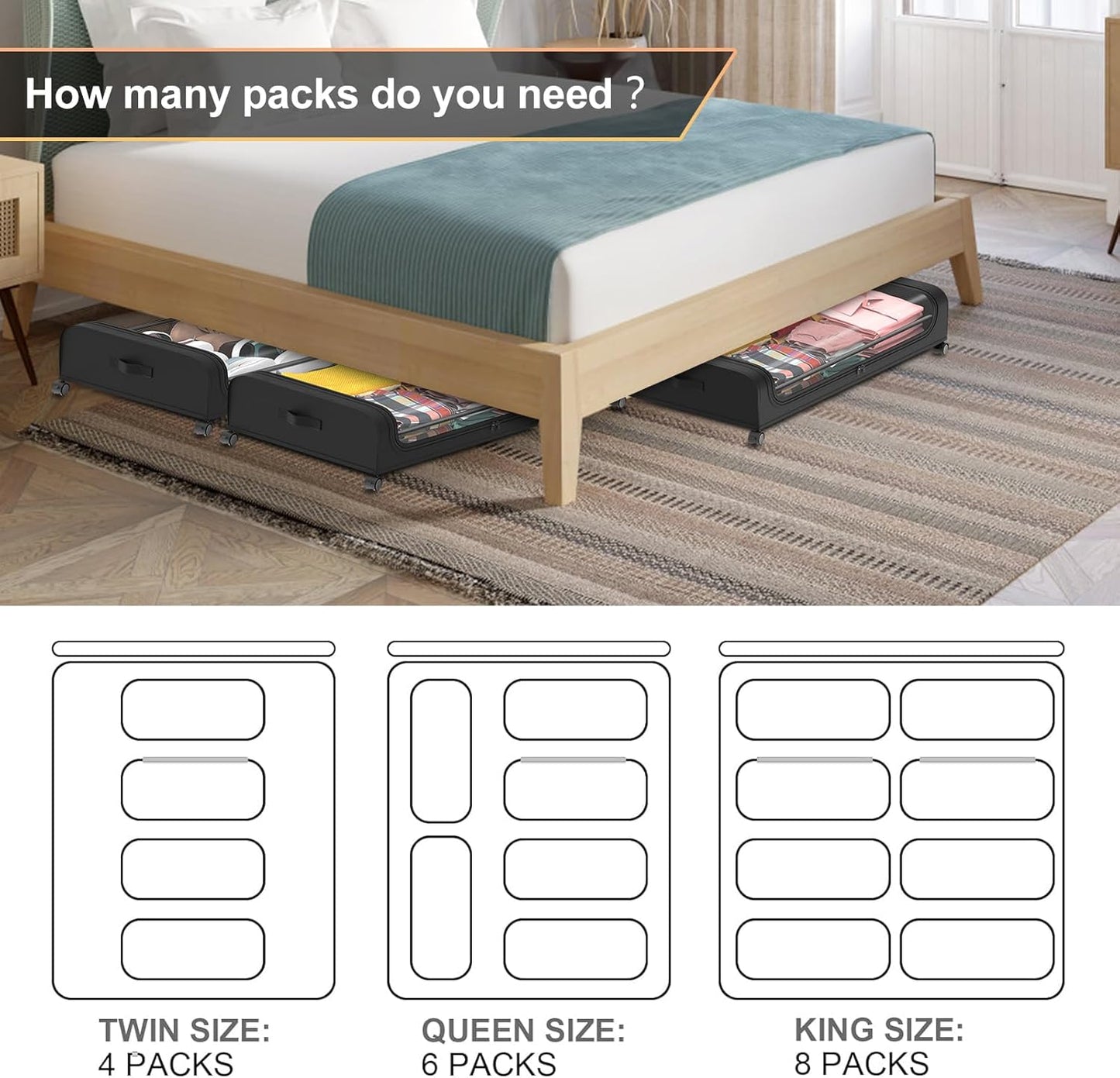 Under Bed Storage with Wheels, 2 Pack Under Bed Storage Containers, Under Bed Shoe Storage Organizer, Rolling Under Bed Metal Drawer for Clothes, Black