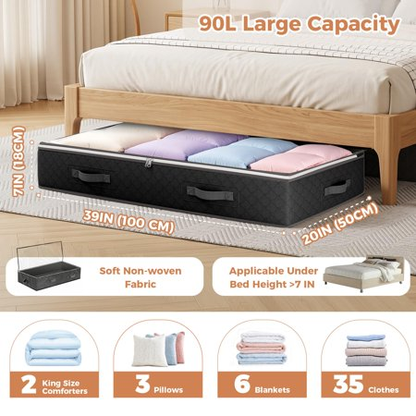 BAOKALER 6 Pack Foldable Underbed Storage Containers, 90L Storage Bins for Blankets, Clothing, Linens, Sweaters, Pillows, Comforters and Wrapping Paper, Black