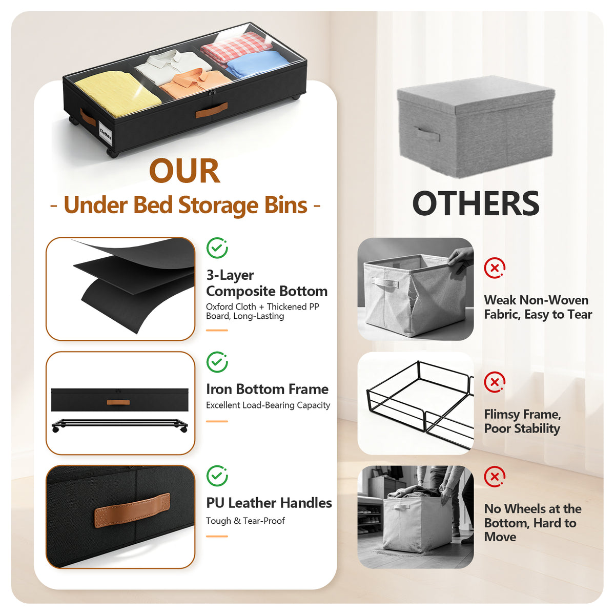 Under Bed Storage with Wheels, 2 Pack Under Bed Storage Containers with Compartments, Underbed Shoe Storage Organizer Bins, Rolling Drawers for Clothes, Blankets, Toys (Black)