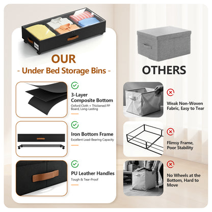 Under Bed Storage with Wheels, 2 Pack Under Bed Storage Containers with Compartments, Underbed Shoe Storage Organizer Bins, Rolling Drawers for Clothes, Blankets, Toys (Black)
