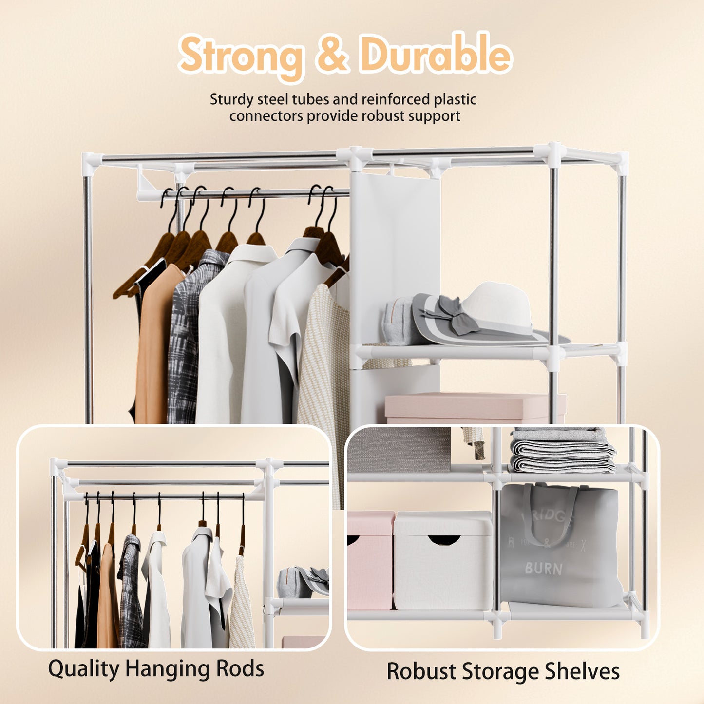 BAOKALER Wardrobe Closet Storage, Hanging Closet organizer, Clothes Rack with Cover, Tool-Free Assembly Clothes Storage for Home Bedroom Living Room, Beige