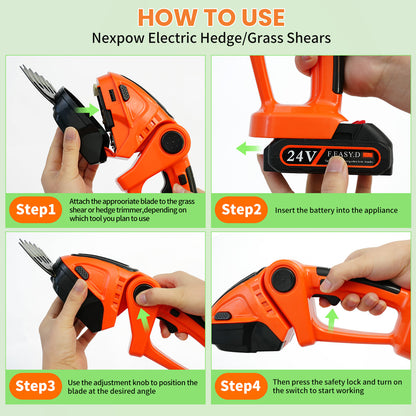 2-in-1 Cordless Hedge Trimmer, 24V Electric Hedge Trimmer with 2 Batteries and Charger for Garden and Lawn Maintenance, Orange