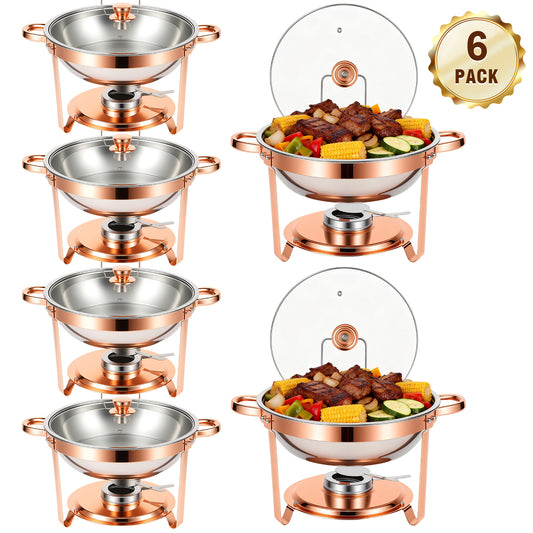 Chafing Dishes Buffet Set, 6 Pack 5.3QT Round Stainless Steel Chafer Set with Stands, Lids & Fuel Holders, Food Warmers for Parties, Catering Events, Weddings (Bright Pink Rose Gold Accents)