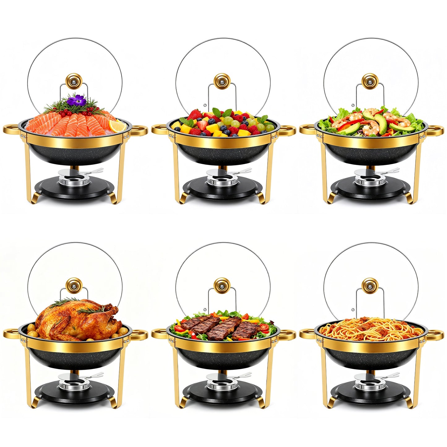 5.3QT Chafing Dishes for Buffet with Glass Lid , Maifanite-Coated Round Chafing Dish Set Mirror-Polished Stainless Steel, Complete Food Warmers for Catering Events & Home Parties(Black-6PK)