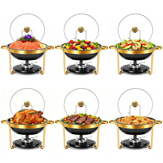 5.3QT Chafing Dishes for Buffet with Glass Lid , Maifanite-Coated Round Chafing Dish Set Mirror-Polished Stainless Steel, Complete Food Warmers for Catering Events & Home Parties(Black-6PK)