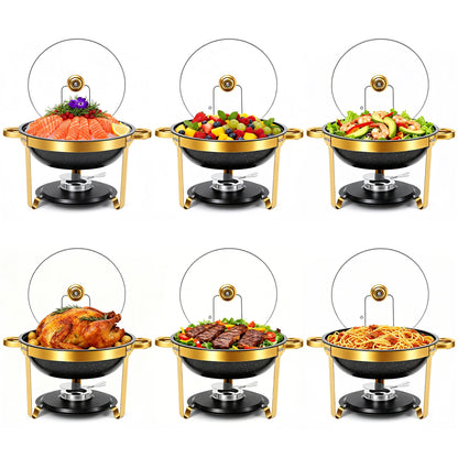 Black Chafing Dishes for Buffet with Glass Lid (5.3QT, 6Pack), Maifanite-Coated Round Chafing Dish Set Mirror-Polished Stainless Steel, Stackable, Lid Holder for Party, Wedding