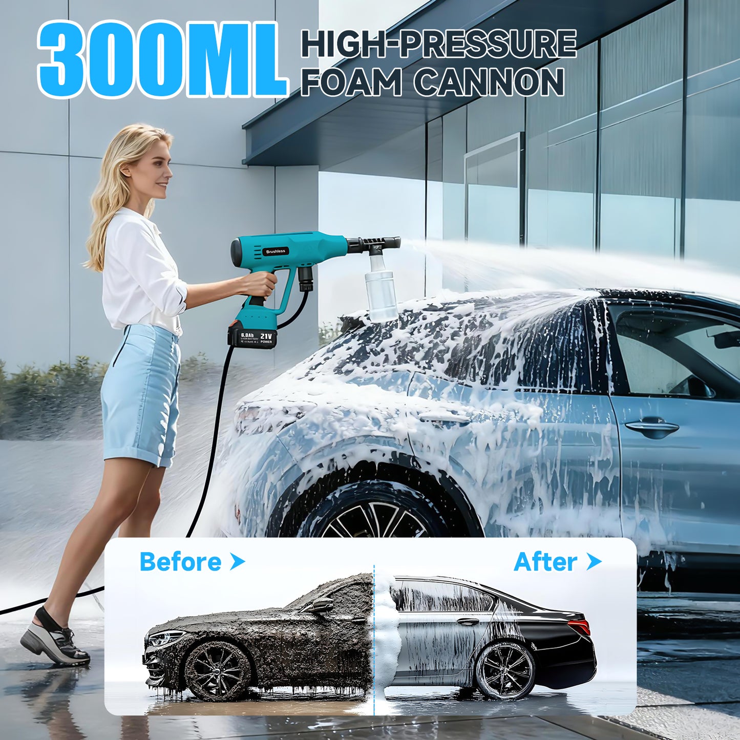 Cordless Pressure Washer, 700PSI Portable Power Washer with LED Display, 2.1GPM Power Cleaner with 6-in-1 Adjustable Nozzle, 16.4ft Hose for Cars/Patios, Blue
