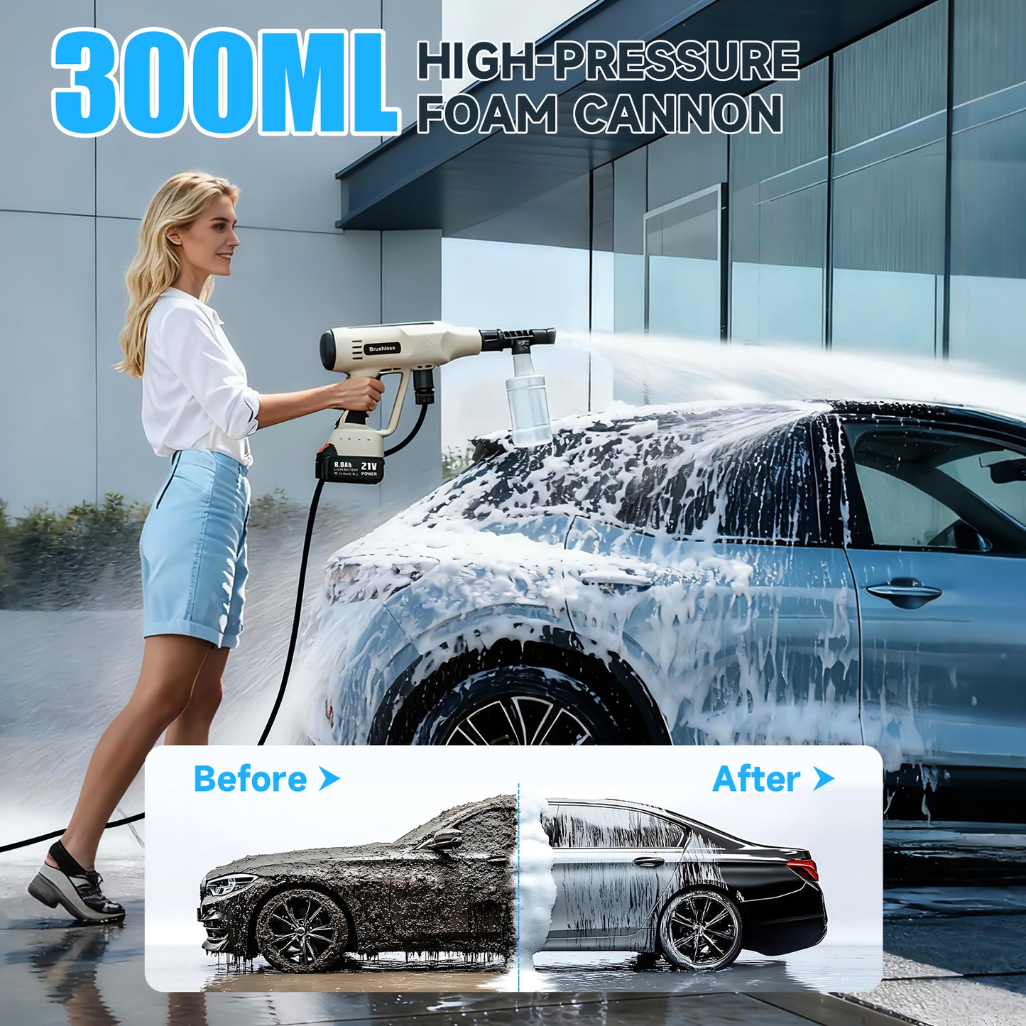 Cordless Pressure Washer, 700PSI Portable Power Washer with LED Display, 2.1GPMPower Cleaner with 6-in-1 Adjustable Nozzle, 16.4ft Hose for Cars/Patios, White