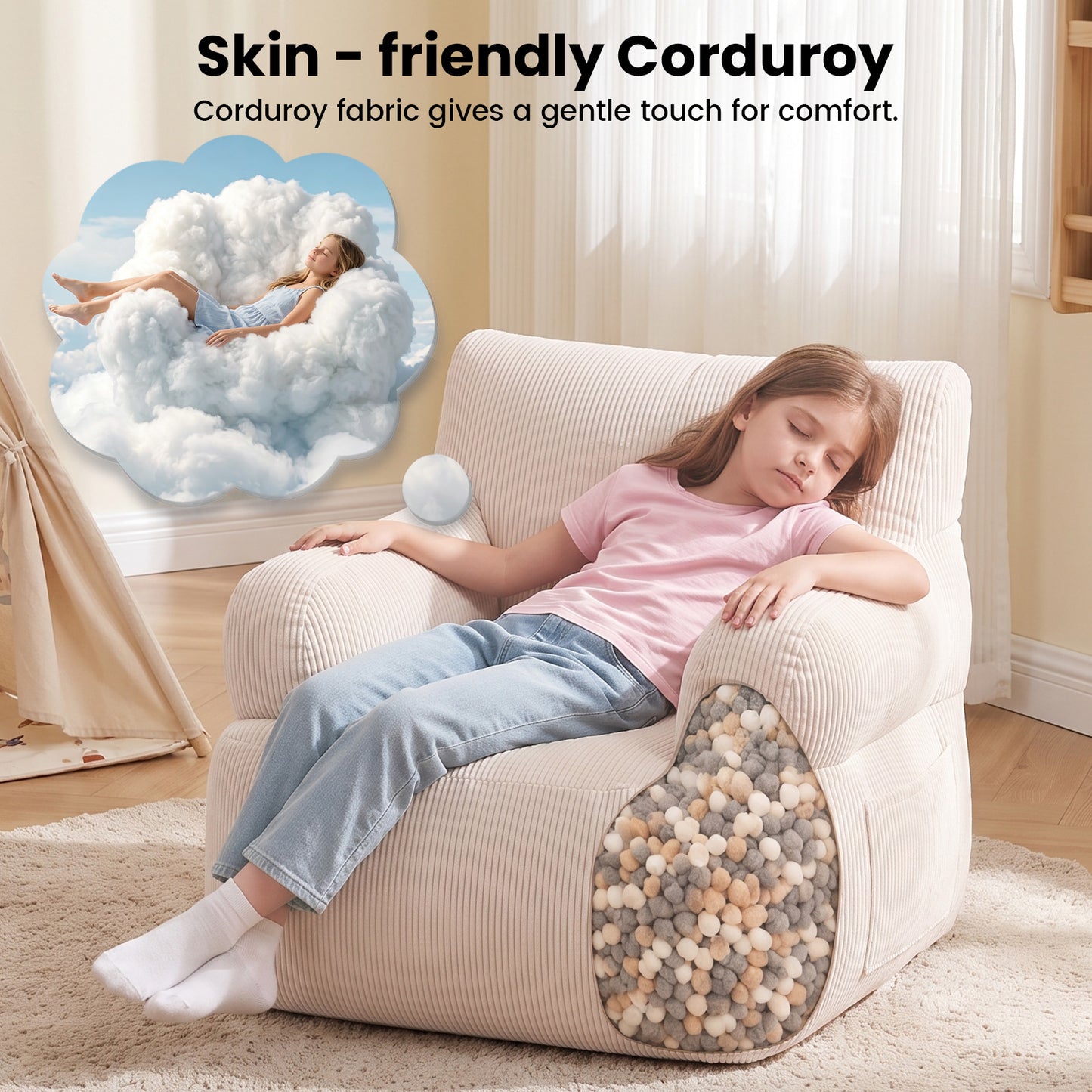 BAOKALER Kids Bean Bag Chair, Filled with Memory Foam, Toddler Kids Floor Lazy Sofa with Side Pocket, Lightweight Comfort Lounge Chair for Gaming, Reading, Relaxing, Beige