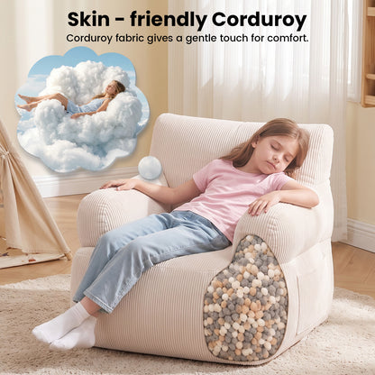 BAOKALER Kids Bean Bag Chair, Filled with Memory Foam, Toddler Kids Floor Lazy Sofa with Side Pocket, Lightweight Comfort Lounge Chair for Gaming, Reading, Relaxing, Beige