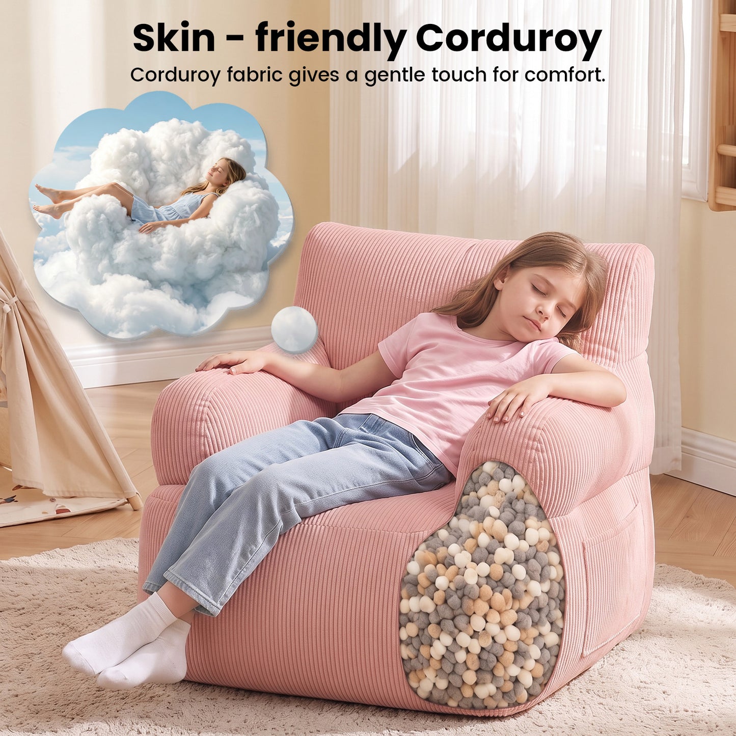 BAOKALER Kids Bean Bag Chair, Filled with Memory Foam, Toddler Kids Floor Lazy Sofa with Side Pocket, Lightweight Comfort Lounge Chair for Gaming, Reading, Relaxing, Pink