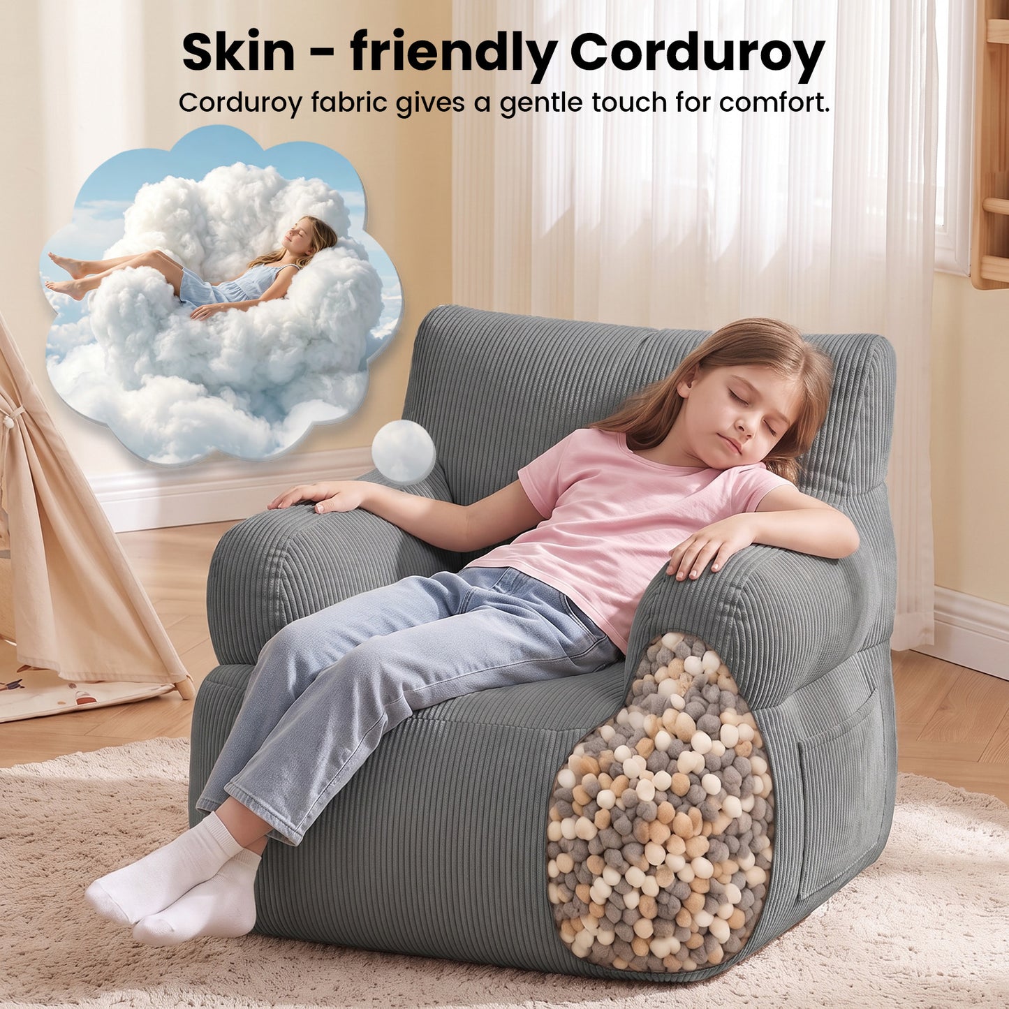 BAOKALER Kids Bean Bag Chair, Filled with Memory Foam, Toddler Kids Floor Lazy Sofa with Side Pocket, Lightweight Comfort Lounge Chair for Gaming, Reading, Relaxing, Gray
