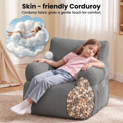BAOKALER Kids Bean Bag Chair, Filled with Memory Foam, Toddler Kids Floor Lazy Sofa with Side Pocket, Lightweight Comfort Lounge Chair for Gaming, Reading, Relaxing, Gray