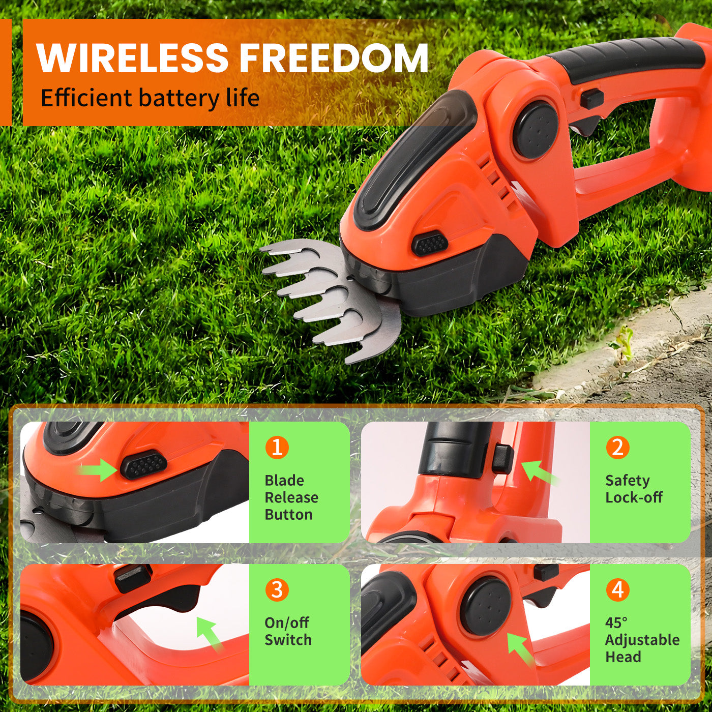 2-in-1 Cordless Hedge Trimmer, 24V Electric Hedge Trimmer with 2 Batteries and Charger for Garden and Lawn Maintenance, Orange