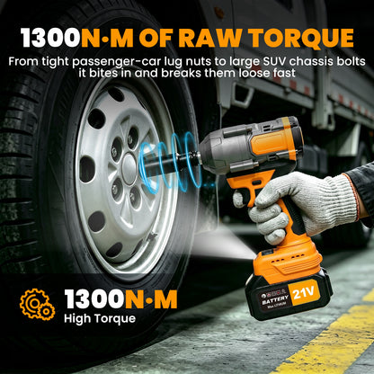 1000Nm Cordless Impact Wrench, 21V Impact Wrench 1/2 inch, High Efficiency Brushless Motor with Fast Charger and 2 x 3.0Ah Battery