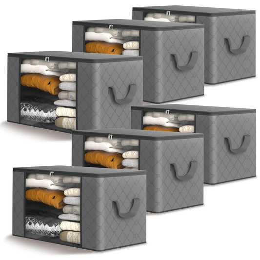Clothes Blanket Storage Bags, 6 Pack Nonwoven Storage Bins with Lids Closet Organizers, Gray