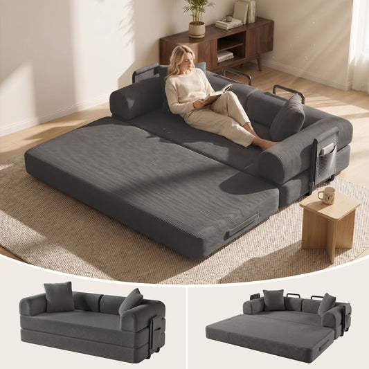 78-Inch Gray Corduroy Convertible Sleeper Sofa Bed, High-Density Foam Couch with Storage Bag, Space-Saving for Living Room & Home Office