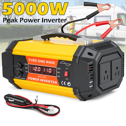 Baokaler 5000W Pure Sine Wave Power Inverter 12V DC to 110V AC Car Inverter, Portable with LCD Display, Multiple AC & USB Charging Ports for Trucks, Vans, RVs & Camping