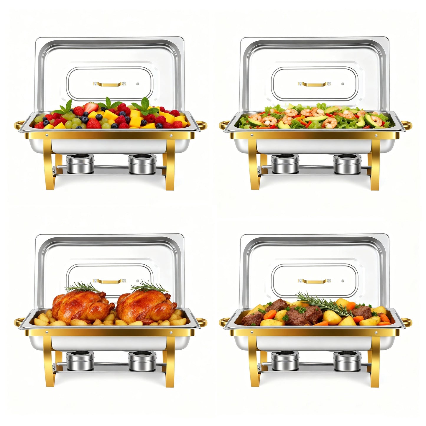Chafing Dish Buffet Set 4 Pack, 9 QT Rectangular Stainless Steel Chafer and Buffet Warmer Sets for Hotel Catering, Parties, Weddings(Gold)