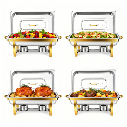 Chafing Dish Buffet Set 4 Pack, 9 QT Rectangular Stainless Steel Chafer and Buffet Warmer Sets for Hotel Catering, Parties, Weddings(Gold)