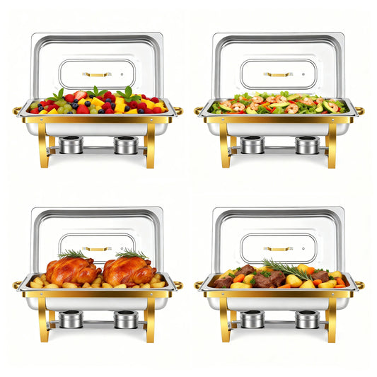 Chafing Dish Buffet Set 4 Pack, 9 QT Rectangular Stainless Steel Chafer and Buffet Warmer Sets for Hotel Catering, Parties, Weddings(Gold)
