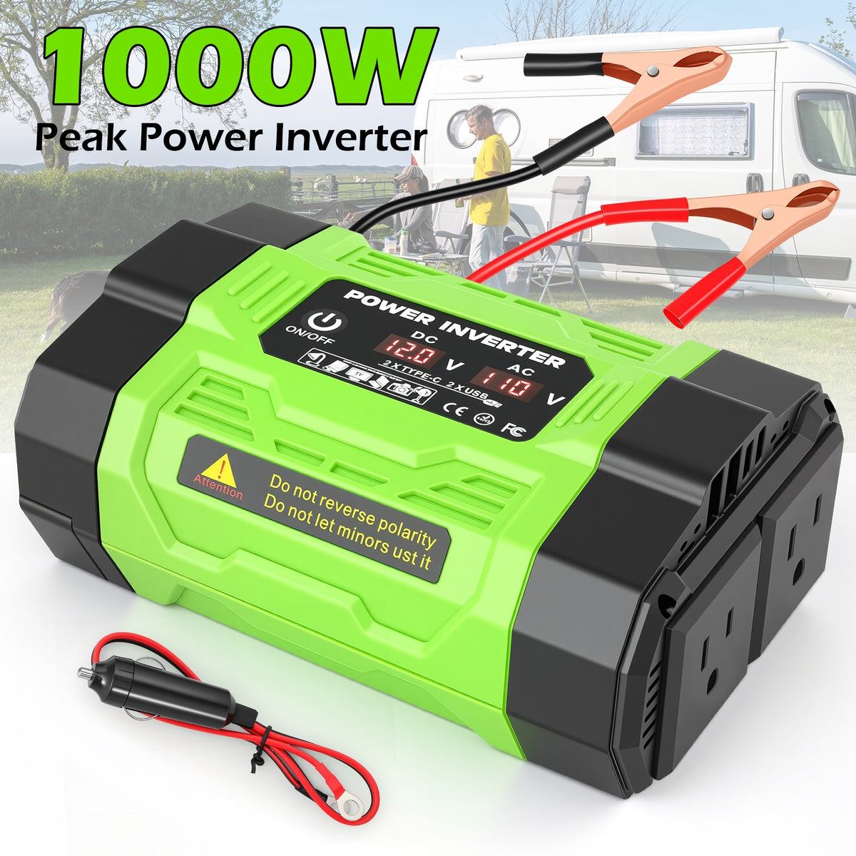 Baokaler 1000W Modified Sine Wave Car Inverter, 12V DC to 110V AC Portable Power Converter, Multi-Function Charging Ports & LCD Screen for RV, Camping, Outdoor and Home Use