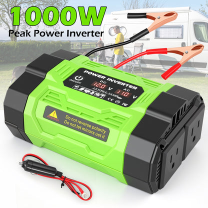 Baokaler 1000W Modified Sine Wave Car Inverter, 12V DC to 110V AC Portable Power Converter, Multi-Function Charging Ports & LCD Screen for RV, Camping, Outdoor and Home Use