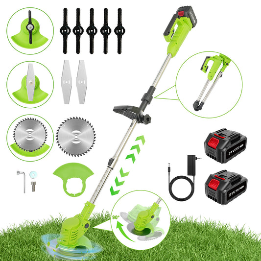 Electric Weed Wacker Cordless Eater 2 Batteries, Foldable and Lightweight Grass Trimmer/Brush Cutter, 3 Types Blade 21V 3.0Ah Battery Powered for Garden and Yard, Green