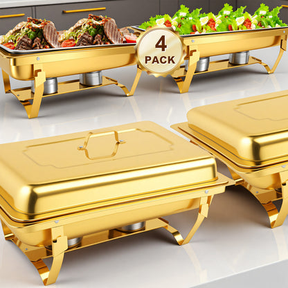 Dish Buffet Set 4 Pack, 9QT Stainless Steel Chafing Dishes for Buffet, Chafers and Buffet Warmers Sets for Parties, Events, Wedding, Camping, Dinner