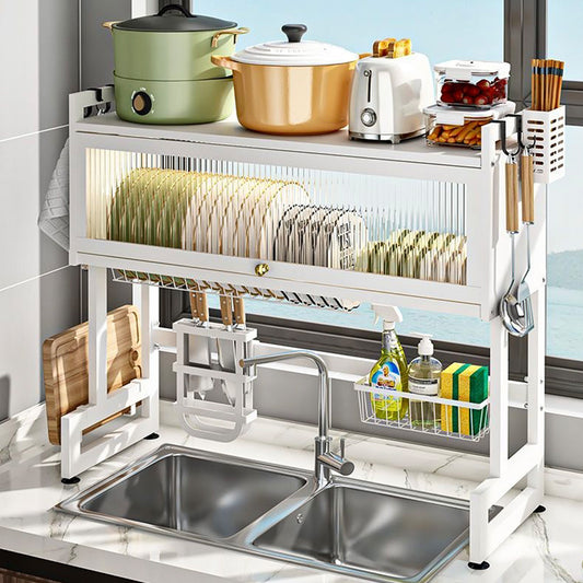 Kitchen Sink Countertop Dustproof Storage Rack, Multifunctional Organizer, White, for Drying Dishes, Glasses, Bowls, and Utensils, White