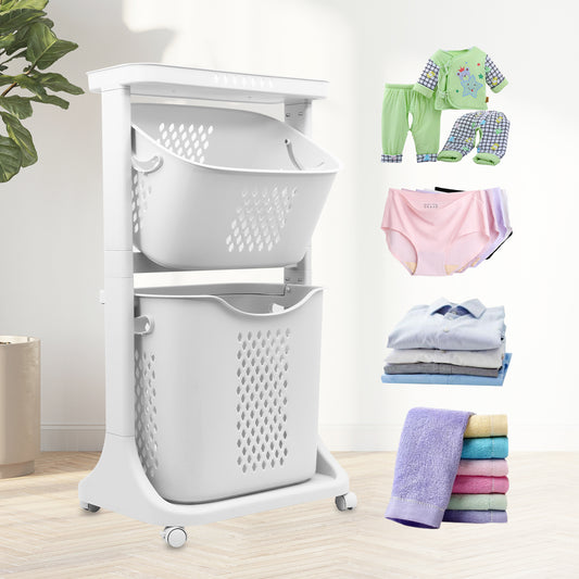 2-Tier Laundry Hamper Basket Sorter Bathroom Organizer with Wheels Movable Clothes Storage Basket Bathroom Shelf 360-Degree Rolling Cart, 17"X13"X31"