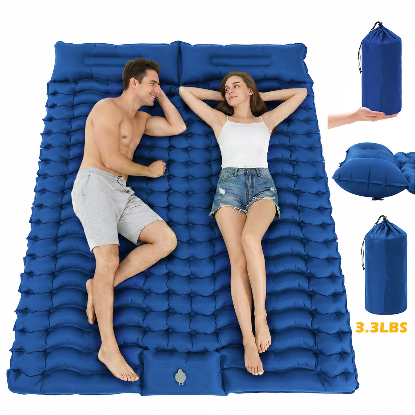 Double Camping Sleeping Pad for 2 Person, Self Inflating 4 Inch Extra Thick with Pillow and Built-in Foot Pump, Inflatable Sleeping Mat for Backpacking Hiking Traveling Tent, Dark Blue
