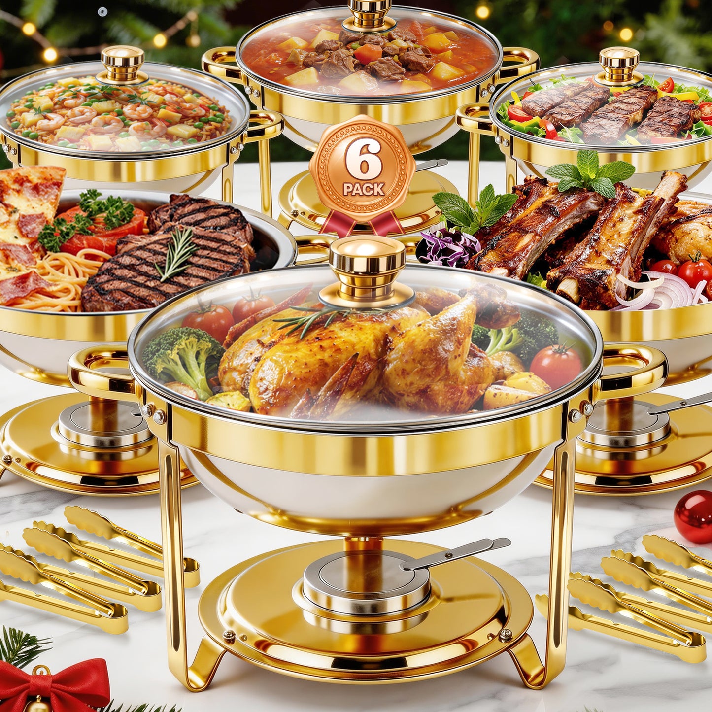 CATGOOD 6 Pack with Tongs 6QT Round Chafing Dish Buffet Set, Buffet Warmers with Glass Lids & Gold Stands, Smooth Thick Edge, Easy Clean, Side Lid Rest for Parties, Weddings, Catering, Home Banquet