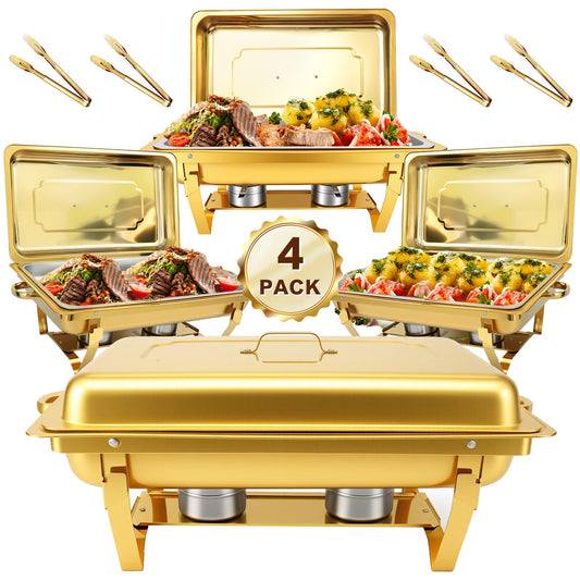 Dish Buffet Set 4 Pack, 9QT Stainless Steel Square Chafing Dishes with Full Gold Plating Rack, 12 Inch Gold Plum Blossom Serving Tongs  for Parties, Events, Wedding, Camping, Dinner