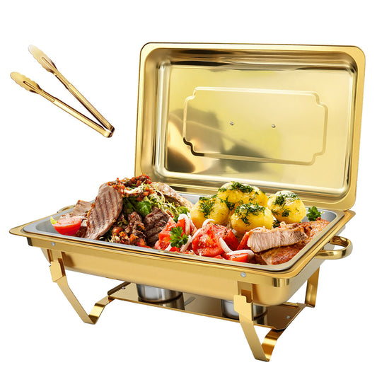 Dish Buffet Set 1 Pack, 9QT Stainless Steel Square Chafing Dishes with Full Gold Plating Rack, 12 Inch Gold Plum Blossom Serving Tongs for Parties, Events, Wedding, Camping, Dinner